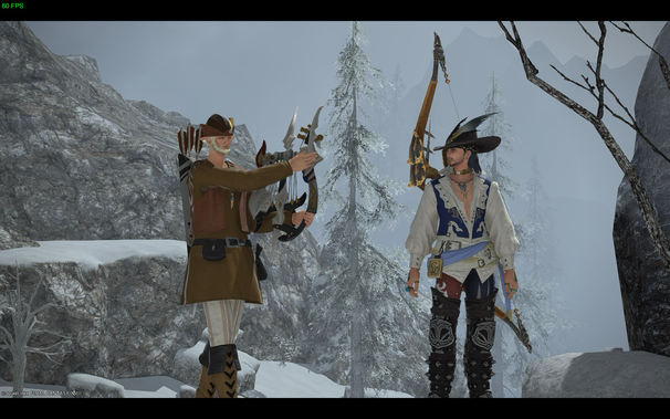 Two adventurers showcase their intricate bows against a snowy mountain backdrop, surrounded by evergreen trees and rocky terrain.