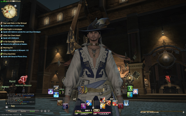 A character wearing a stylish blue and white outfit stands in a fantasy setting, with various game action buttons displayed below.