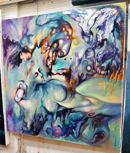a painting, it is a colorful scene , dreamy, done in pastel tones, there are vegetative and mineral-like forms around a female laying on her side, her form warped and distorted, lots of teals and purples and orange and blue