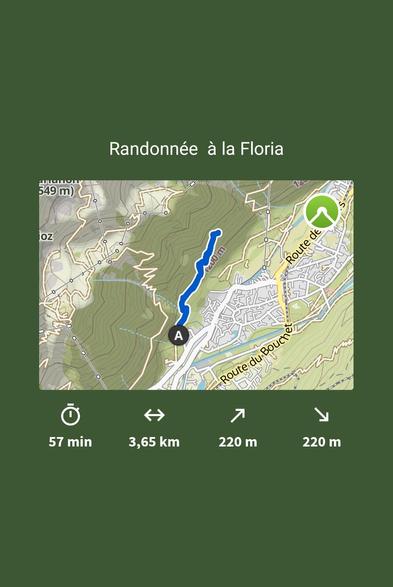 Capture d'écran Komoot appelée randonnée à la Floria. Durée 57 minutes, longueur 3.65km, 220m de dénivelé.