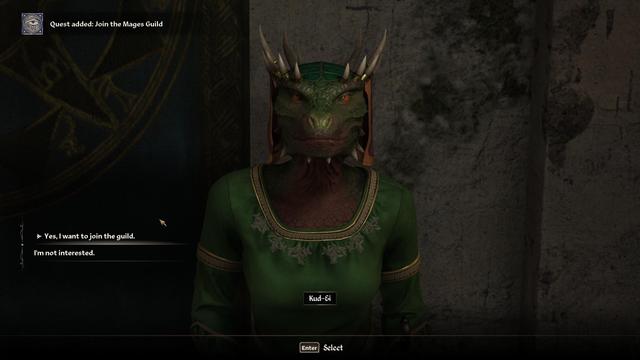 The Argonian Bravil Mages Guild mistress, Kud-Ei, asks Ponders if he wants to join the Guild, Ponders does want to join.
Kud-Ei is a female argonian, a reptillian face and ivory horns petruding from her head.