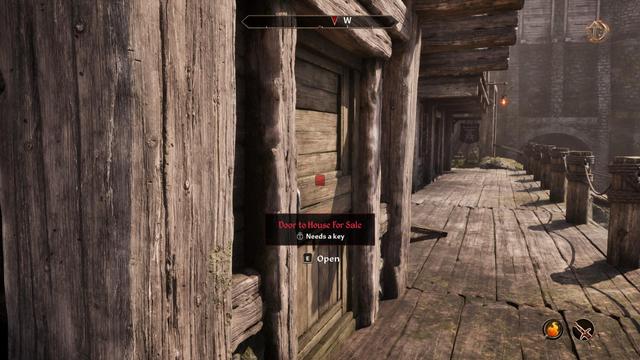 A delapidated wooden slum house for sale in Bravil, the door needs a key. The "house" is located at the river bisecting Bravil.