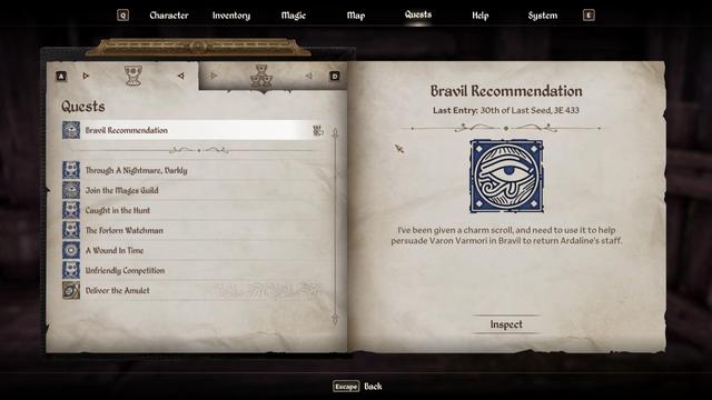 The quest screen, for the Bravil reccomendation Quest. Ponders needs to Magic Staff back from some guy that stole it. Kud-Ei gave Ponders a Charm scroll to help.