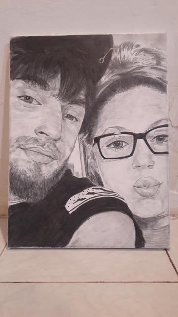 a painting of a young man with facial hair in a dark t-shirt taking a selfie with his girlfriend, she has her hair tied up and is wearing glasses 