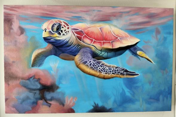 a painting of a sea turtle swimming in light blue -green waters , seen from the front in a three quarter view