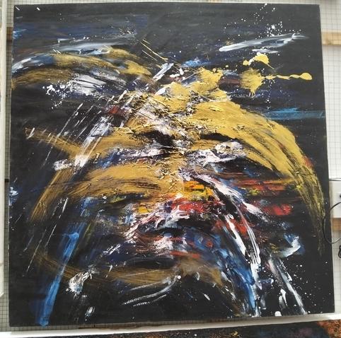 an abstract painting, large slashes of gold, blue, red, and white paint against a black background 