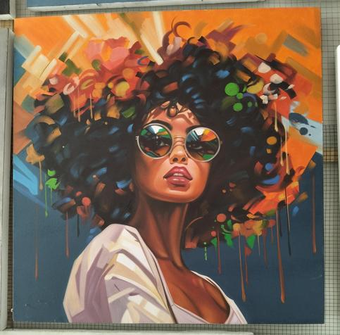 a painting of a slender young woman , seen from the side from her torso up, wearing round sunglasses, looking at the viewer, her voluminous hair becomes abstract impressionist-type colors at the edges, drip effects coming down 