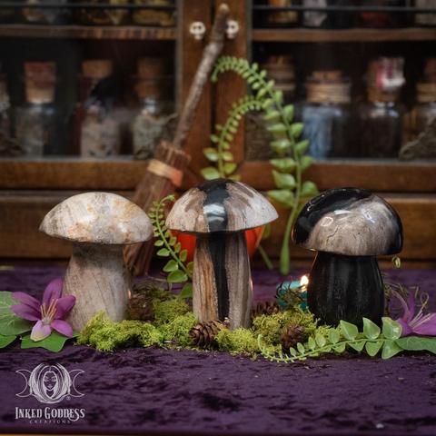 Three specimens of the "Petrified Wood Carved Mushroom" product are arranged on a velvet surface, surrounded by moss and faux leaves and flowers. They are brown and striated in shades ranging from beige to black. Presented by Inked Goddess Creations.