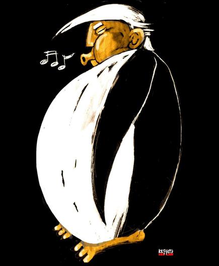 Es sollte ein Grönland-Cartoon werden. Ein dicker Pinguin mit dem Kopf von Trump. Er pfeift, aus seinem gespitzten Mund kommen Musiknoten. Ich weiß, dass dieses Bild keinen Sinn ergibt, denn wie ich erfahren musste, auf Grönland gibt es gar keine Pinguine. Sorry