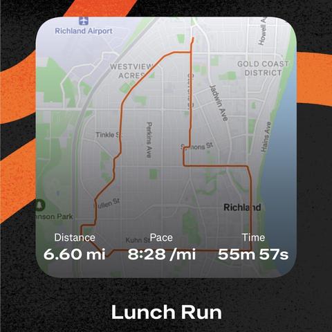 A map showing a 6.6 mile run in 55:57