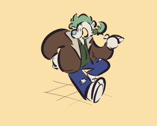 a polar bear with green hair in a ponytail wearing a brown jacket, green shirt, and ripped blue jeans