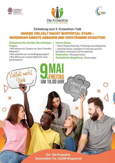 Einladung, 9. Mai 2025, 19 Uhr, Krawatte, Bockmühle 17a zum 3. Krawattentalk
Unsere Vielfalt macht Wuppertal stark - Gemeinsam Ängste abbauen und Verständnis schaffen
Gäste: Nkozi Muyisa Muhindo und Seyfullah Köse