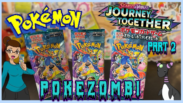 Thumbnail for YouTube content, picture with several battle partners packs and the Pokemon logo. Poke zombie writes on the bottom with anime style picture of creator and color swap (purple green and black) amphoros on the right side. 