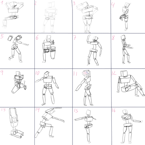 16 drawings of human figures made of geometric shapes such as cilinders and prisms. The drawings are presented in a 4x4 grid.