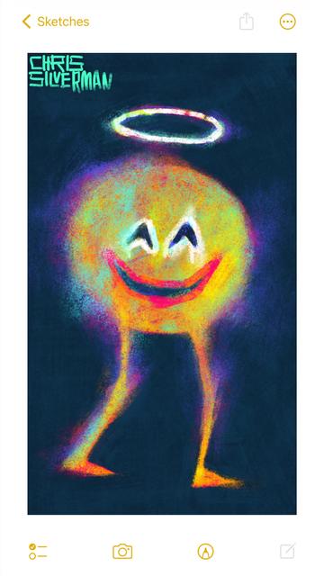 A garish figure on a dark bluish-black background: the smile-with-halo emoji, wearing clown makeup, supported by two spindly legs. This nightmare is mostly yellow, but with heavy tinges of rainbow colors: crimson, neon blue, radioactive green, ultraviolet purple. Its smile is framed by smeared hot-pink lipstick; its eyes are outlined in thick white paint. Even the halo above its head looks sacrilegious: lopsided, neon-tinged white. The painting is signed "Chris Silverman".