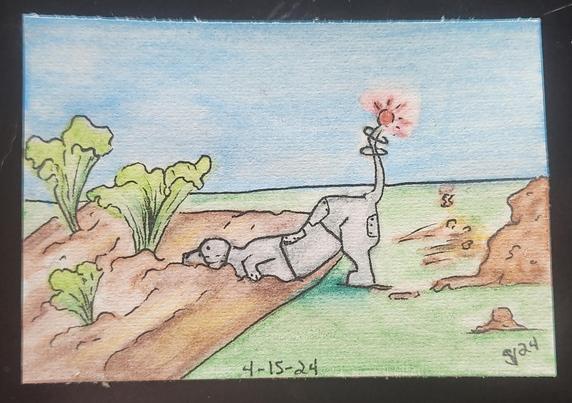 Robot dog digging up the vegetable garden