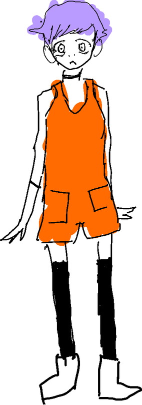 Purple haired trans woman in an orange romper wearing thigh highs.

Shes a dumb baby but actually an adult. Shes a trans woman who is going to have to survive an apocalypse. Not post apocalypse but active and terrible. 