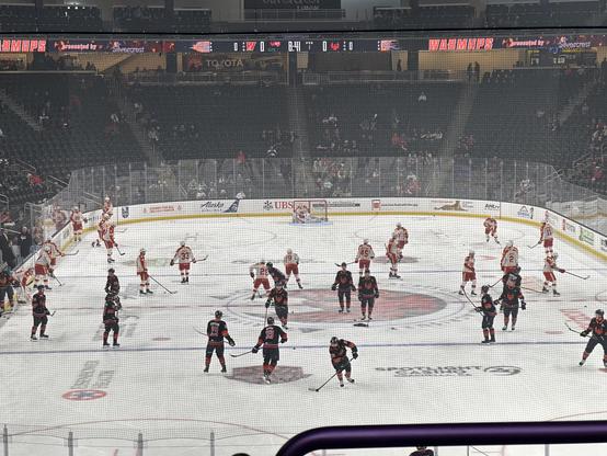 The Coachella Valley Firebirds warm up for their game against the Calgary Wrangler game two of the opening round of the playoffs for the AHL
