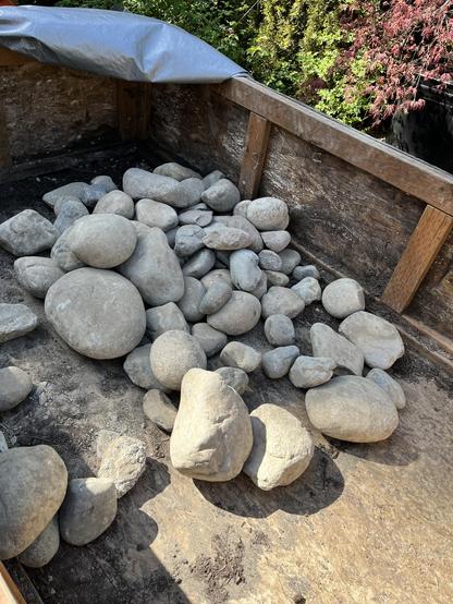 A pile of 6-10” rocks in a trailer bed. 