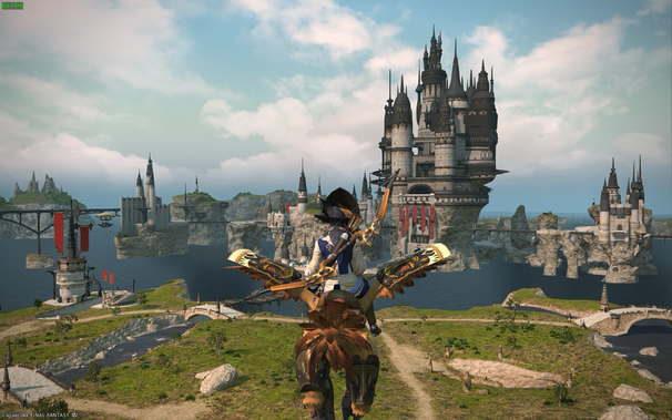 A character on a chocobo gazes at a majestic castle surrounded by water, with rocky islands and a vibrant sky in the background.