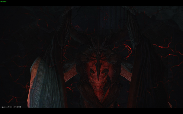 A menacing dark figure with red glowing accents and large wings looms in a shadowy environment, exuding a sense of dread and power.