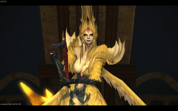 A character with golden feathered attire holds a red and black harp. The background features dark tones with a glowing yellow light.