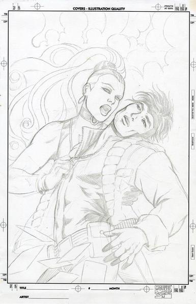 Storm from the X-Men as a vampire about to bite Gambit on the neck. Drawn in pencil.
