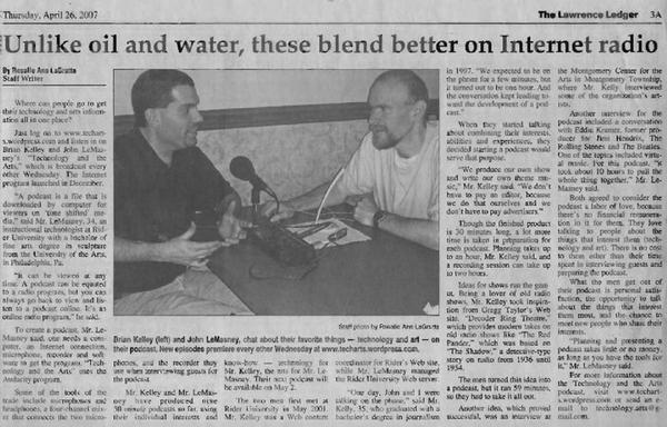 Photo of a newspaper article profiling Brian Kelley and John LeMasney of the Technology and the Arts podcast, published in The Lawrence Ledger (New Jersey) on April 26, 2007.