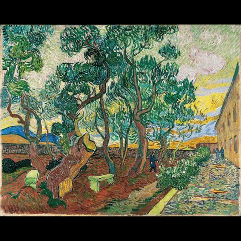 The artwork is a beautiful representation of a landscape. It features a path leading through an orchard, with trees and foliage creating a natural canopy overhead. The colors are vibrant, with greens dominating the foreground and background, contrasting with yellows and whites in the sky. This work captures the essence of nature’s tranquility and serenity.