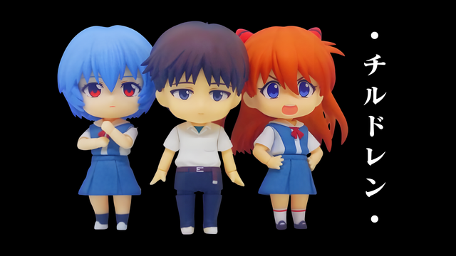 Rei Ayanami, Shinji Ikari, and Asuka Langley Soryu / Shikinami Langley (Nendoroids 1197, 1260, and 1202) in their school uniforms.