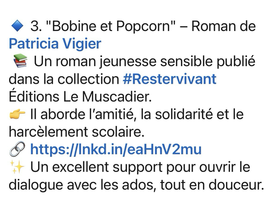 Copie d’écran d’un post sur LinkedIn mentionnant le roman « bobine et popcorn »