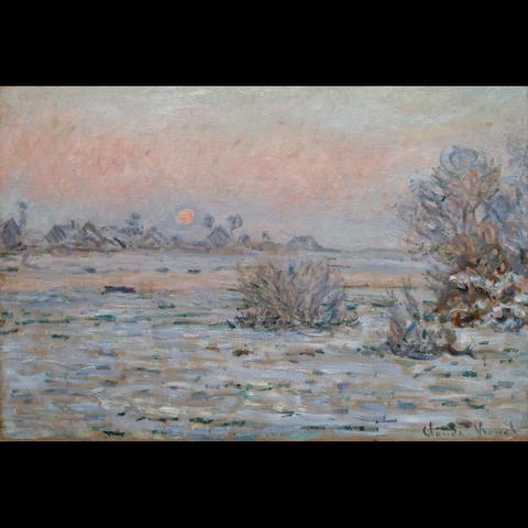 The painting captures a tranquil rural landscape at sunset. The sky is painted with soft hues of pink and orange, contrasting with the warm glow of the setting sun on the horizon. The foreground is populated with leafless trees, suggesting a chilly season, possibly winter or early spring. A few small buildings can be seen in the distance, adding depth to the scene. The art style is impressionistic, characterized by its loose brushstrokes that focus more on the interplay of colors and light rather than precise detail.