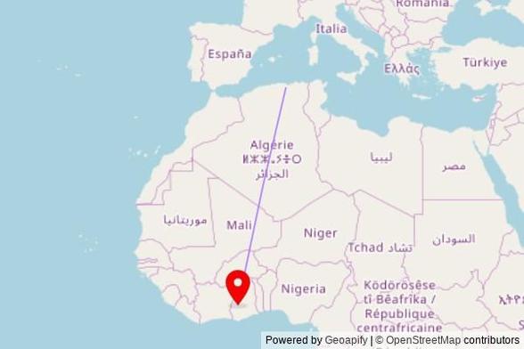 A map showing the great circle route from Hammam Guergour in Algeria to a map pin at Presbyterian Church of Ghana, Sunyani Road, Fawumang, Ghana