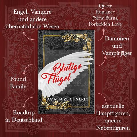 Was ist drin?
Engel, Vampire und andere übernatürliche Wesen
Found Family
Roadtrip in Deutschland
Queer Romance (Slow Burn), Forbidden Love
Dämonen und Vampirjäger
asexuelle Hauptfiguren, queere Nebenfiguren