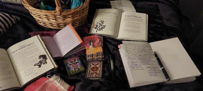 A notebook and pen, several books, a few tarot and oracle cards, along with a basket, on a purple fleece blanket on a bed. The tarot deck is the Queer Tarot, and the oracles are the Illustrated Herbiary and Bestiary.