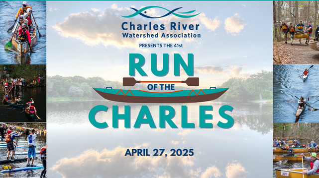 Logo of annual Run of the Charles paddling race, with photos of contestants in kayaks, canoes and paddle boards. 
