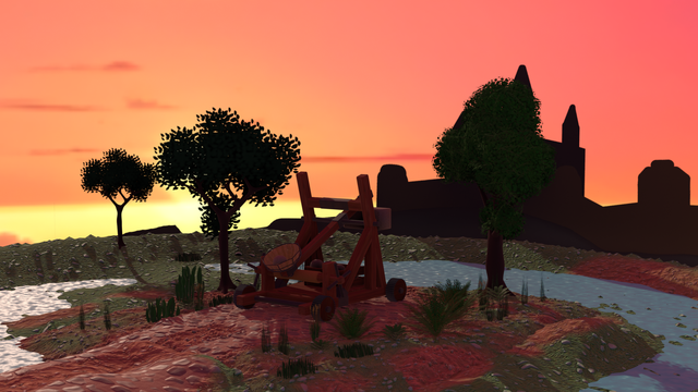 A catapult facing a castle across water at evening with scattered vegetation and trees.