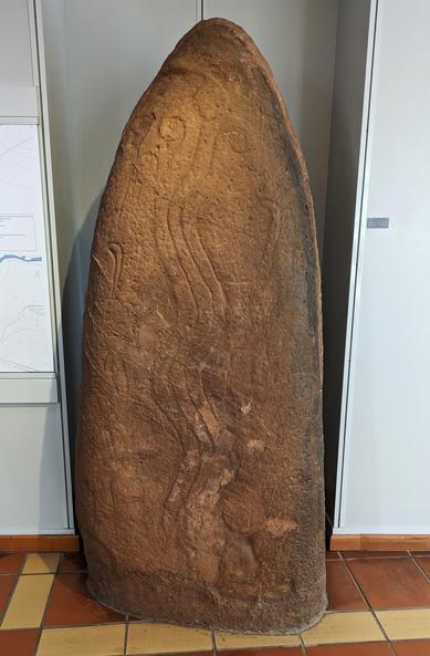 A photo of a carved menhir (standing stone) in a museum
