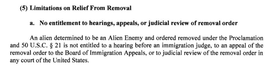 An alien determined to be an Alien Enemy and ordered removed under the Proclamationand 50 U.S.C. § 21 is not entitled to a hearing before an immigration judge, to an appeal of theremoval order to the Board oflmmigration Appeals, or to judicial review of the removal order inany court of the United States.