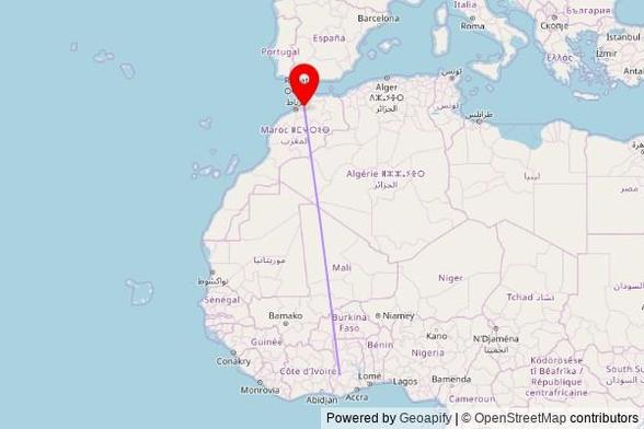 A map showing the great circle route from Fawumang in Ghana to a map pin at Masjid Hay Lemon مسجد حي الليمون, RR409, 14044 Sidi Slimane, Morocco