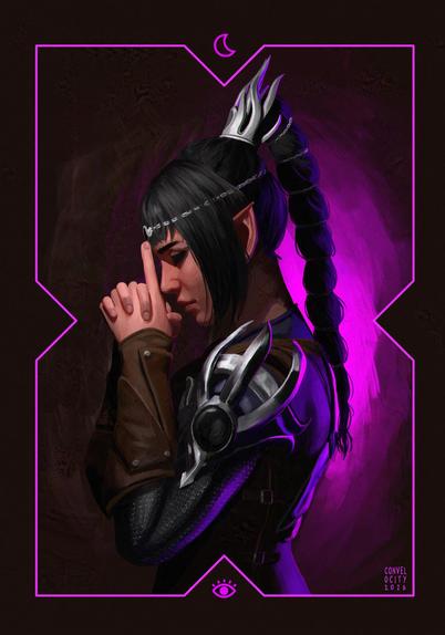 Digital painting. A portrait of a dark haired elf wearing a silver armour praying. A purple frame surrounds the scene.
