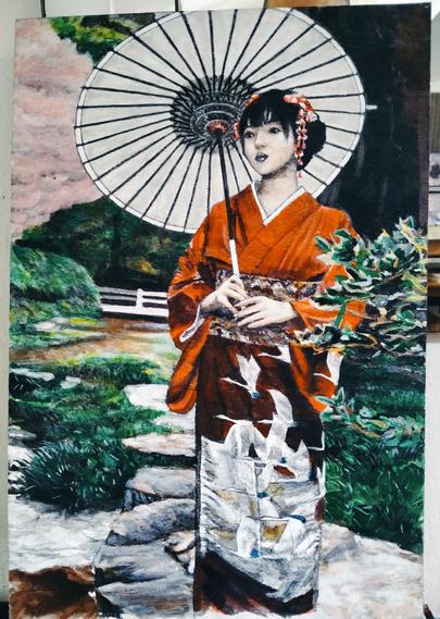 a painting of a woman standing on rocks over a stream, wearing a red kimono with an umbrella resting on her shoulder. there are flying cranes on from the hips down on her kimono, her hair is pinned up with flowers, she is looking up and to the right, pink and red flowers in her hair 