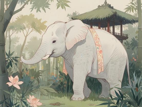 ①«Generated by LeonardoDiffusion»
Japanese painting, medium shot, whitish-grey elephant with traditional Vietnamese patterned cloth draped over its back, led by trainer wearing an ao dai, in a serene Asian garden. Serene and elegant. Delicate brushstrokes. Soft, feathery foliage. Gentle, warm sunlight filtering through bamboo. Elegant, refined, and harmonious. Detailed, intricate, and beautiful. Japanese art, Ukiyo-e, Hokusai, Hiroshige, watercolor, subtle, and dreamy.
#本日の成果物 #aiartcommunity