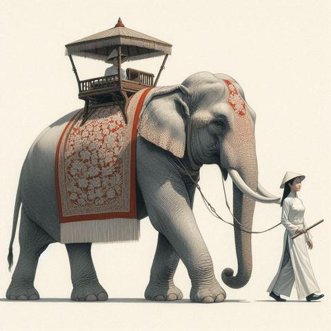 ②«#aiart Generated by BingImageCreator »
Japanese painting, Japonism (Asian Elephant), the whitish-grey elephant has a traditional Vietnamese patterned cloth draped over its back and is led by a trainer wearing an ao dai.