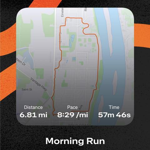 A map showing a 6.81 mile run in 57;46