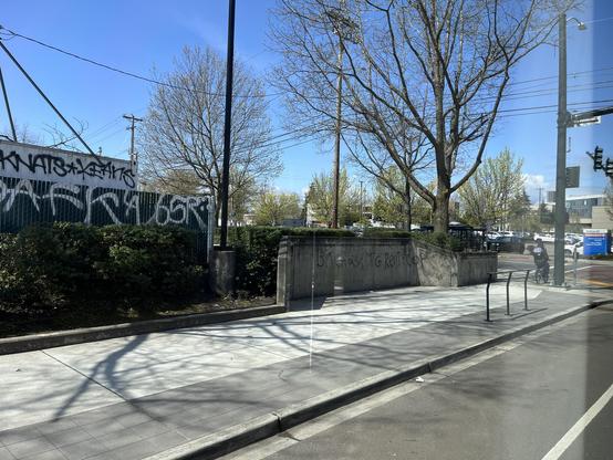 Photo taken from the light rail on a sunny April afternoon. Someone spray painted the following on a concrete wall: “Bitch ass TG Rent-a-Cop.”  (It’s in black and kind of difficult to read in this photo, but it’s there. “TG” presumably stands for “Tacoma General,” the hospital served by the light rail stop the train was approaching as I took this picture. 
