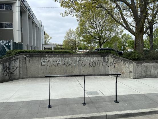 Photo of the same graffiti wall, also taken from the light rail but at an easier to read angle. The “Bitch ass TG Rent-a-Cop” is still there in black, but someone painted over it in white: “BE KIND BE THE REASON 45” (or possibly 4s? Kind of hard to tell.) 
