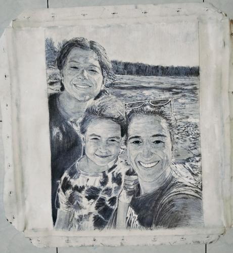 a painting in black and white, it is of a ten and five year old with their mom, taking a selfie together, a large dry reservoir behind them