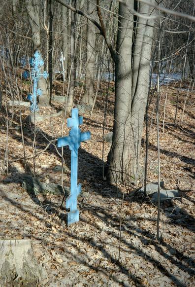 Blue crosses of an old cemetery among last year's leaves and trees. 