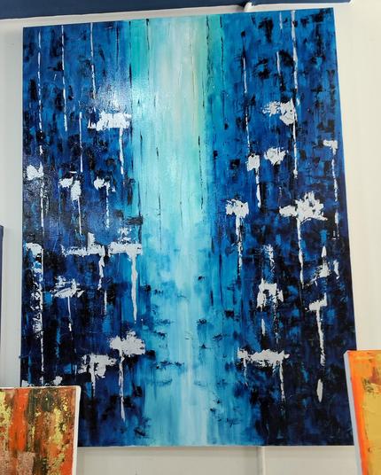 an abstract painting, it is a light blue bar of light with darker blue on either side, white dabs of paint places on the dark blue areas